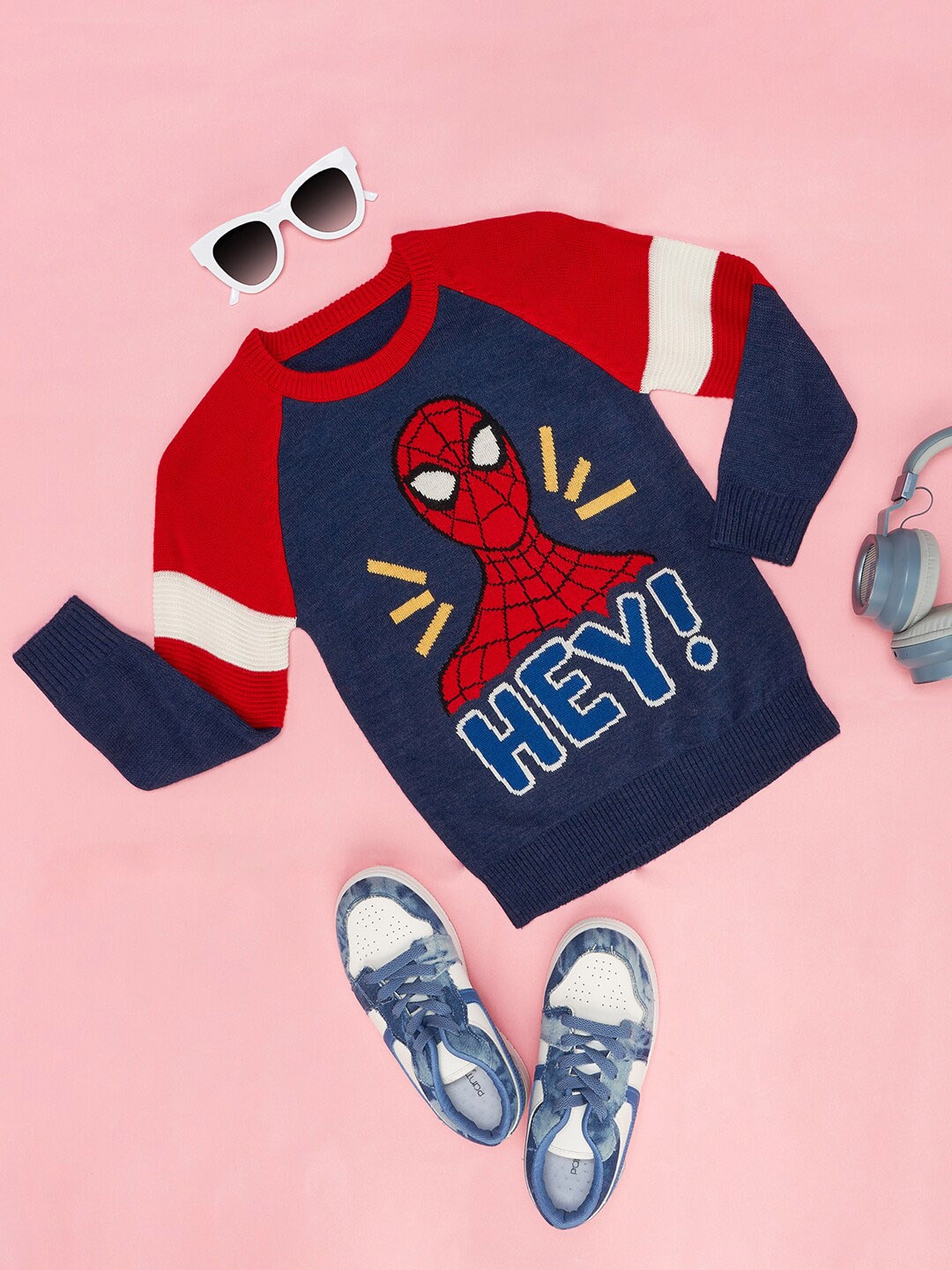 

Pantaloons Junior Boys Round Neck Spider-Man Self Design Ribbed Pullover, Navy blue