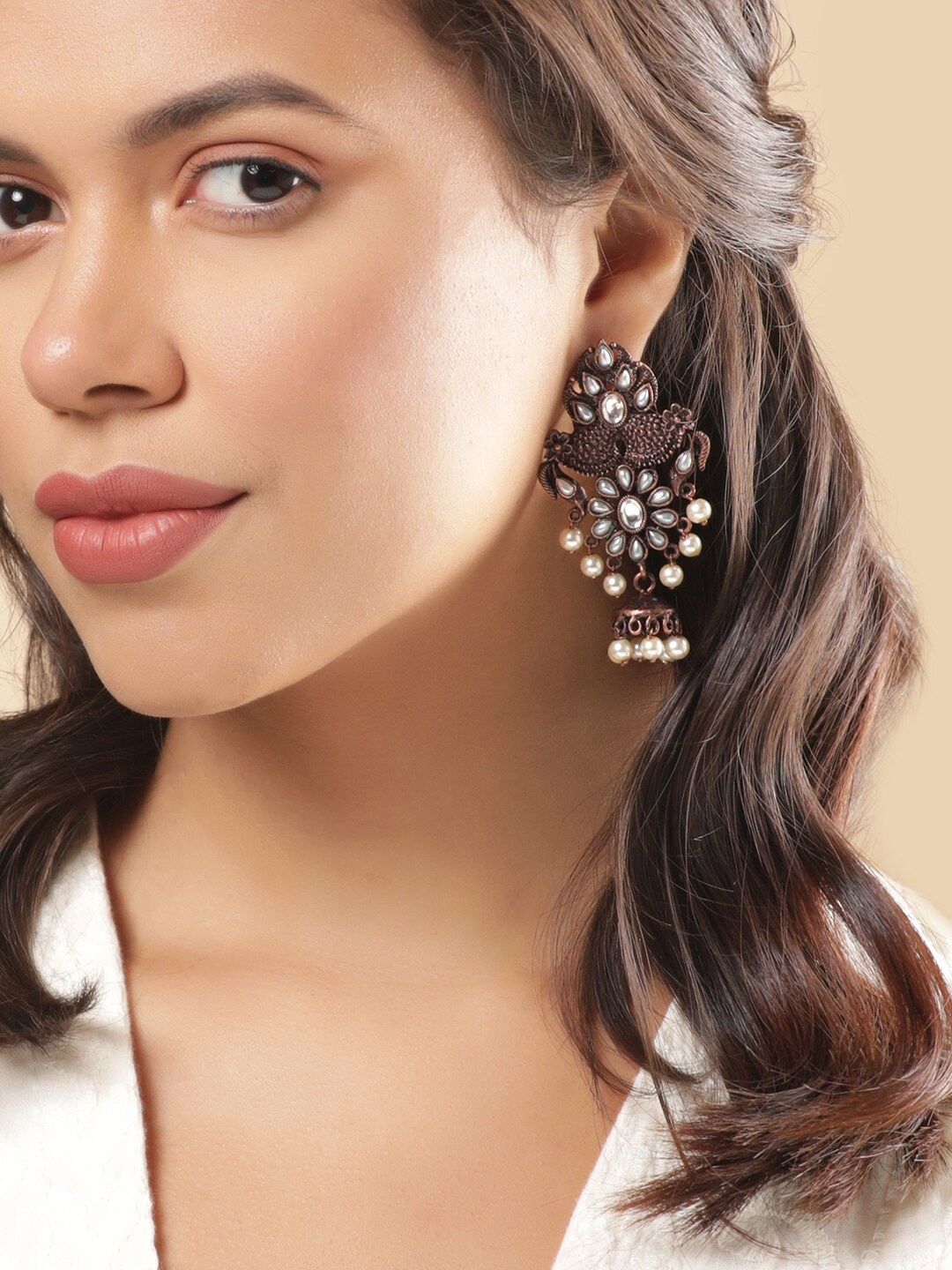 

Rubans Copper Plated Artificial Stones Studded Floral Drop Earrings, Brown