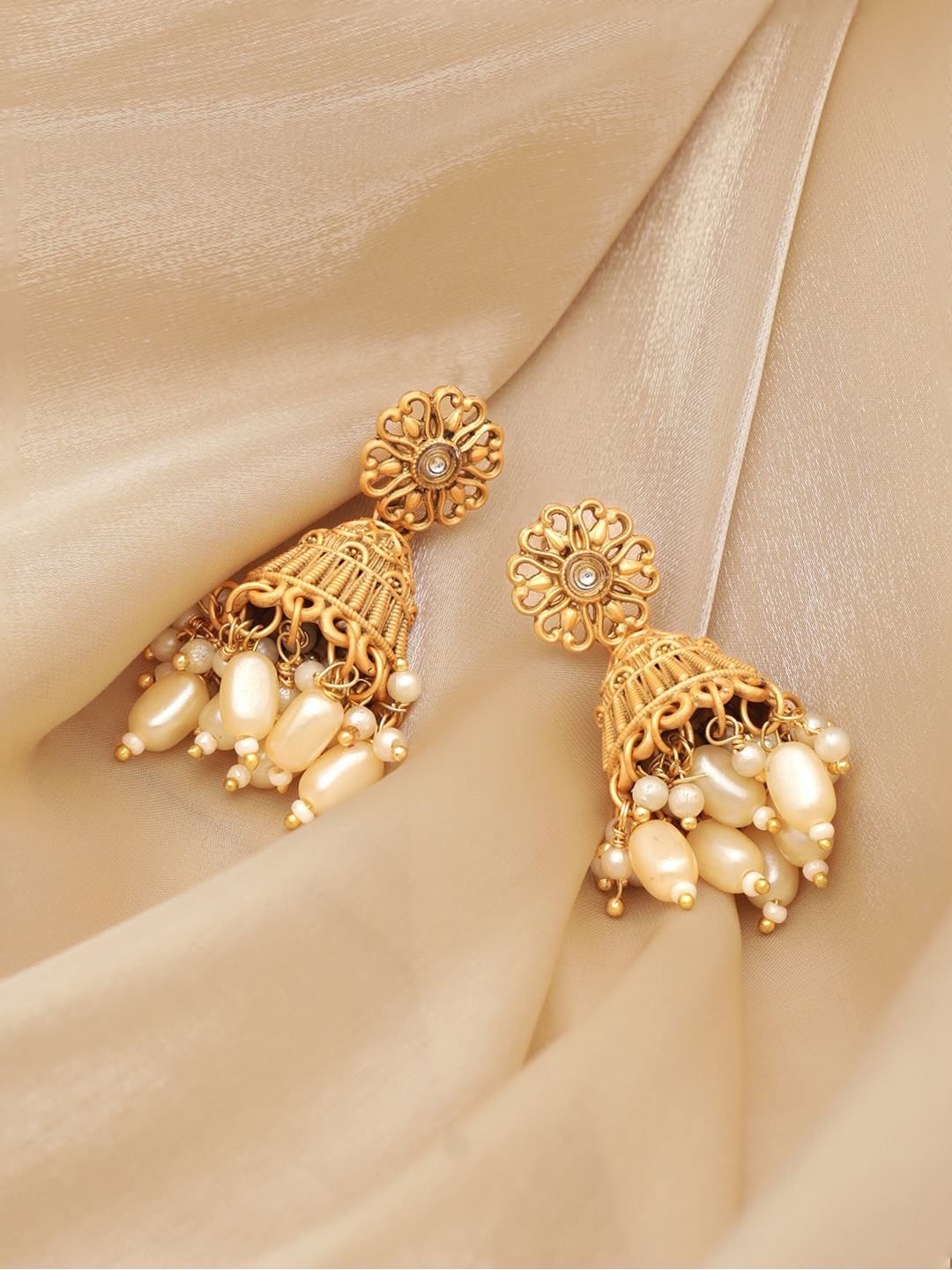 

Rubans Gold-Toned Artificial Beads Beaded Contemporary Jhumkas