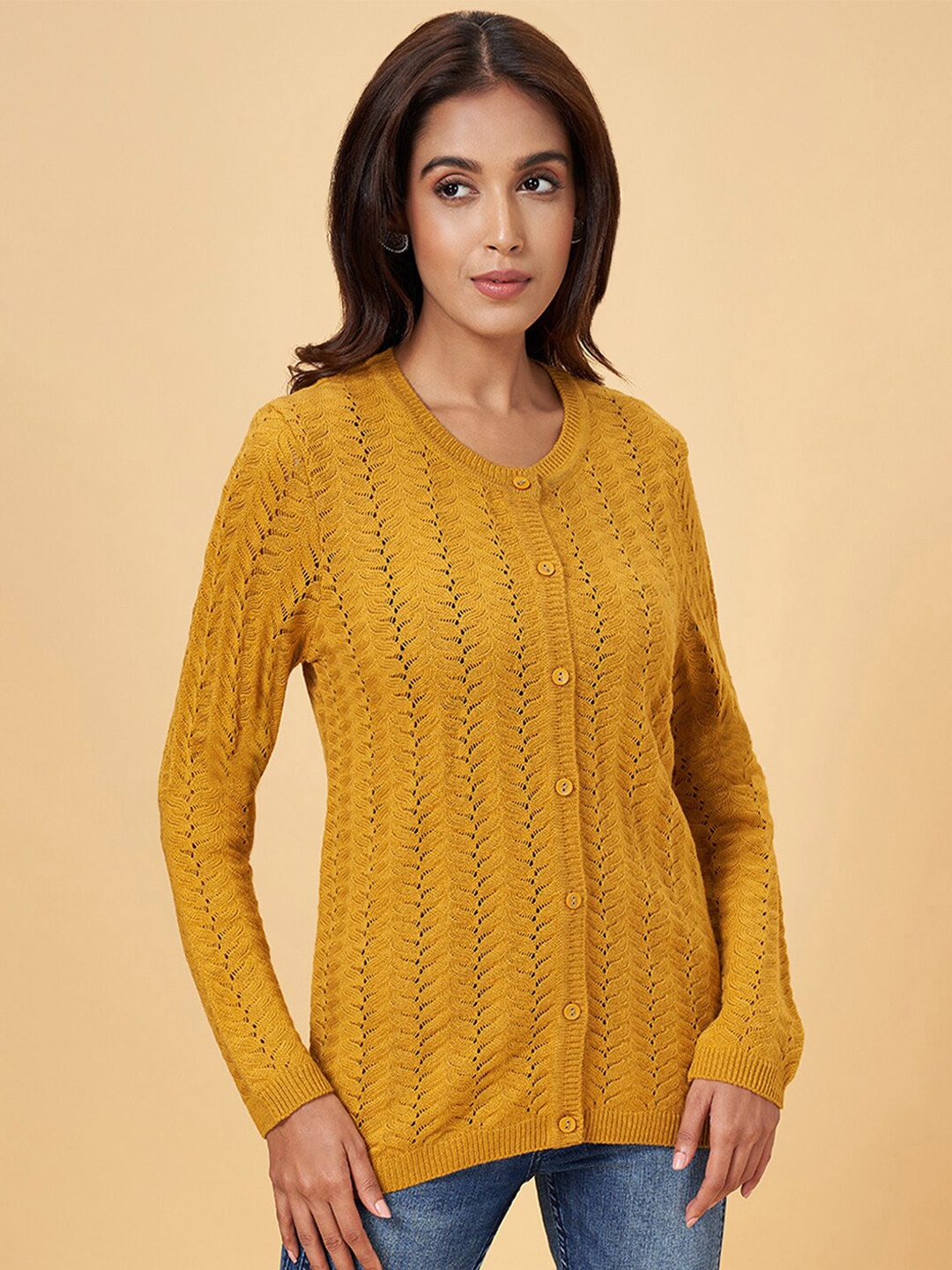 

RANGMANCH BY PANTALOONS Self Design Open Knit Acrylic Cardigan, Yellow