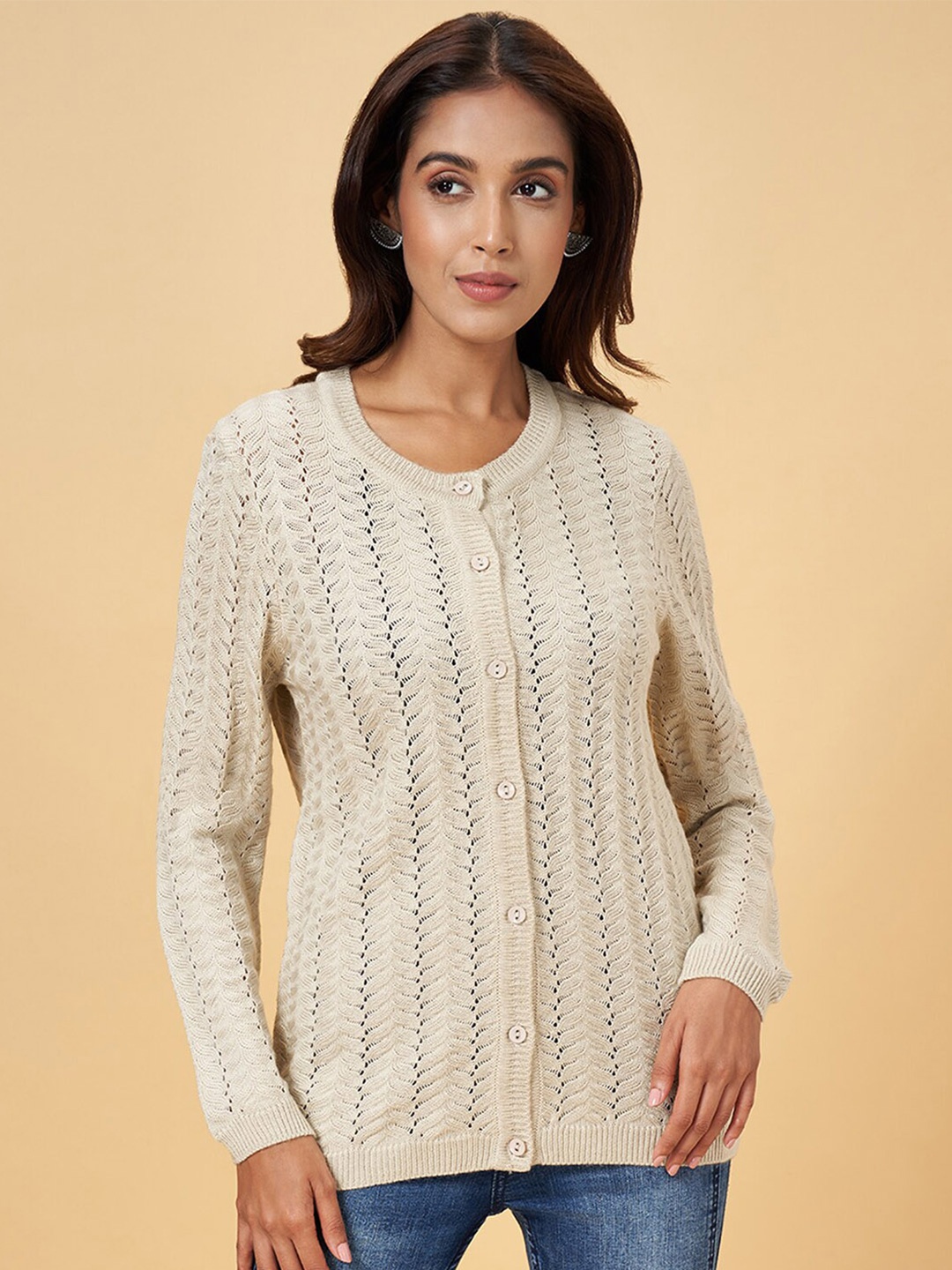 

RANGMANCH BY PANTALOONS Self Design Open Knit Acrylic Cardigan, Off white