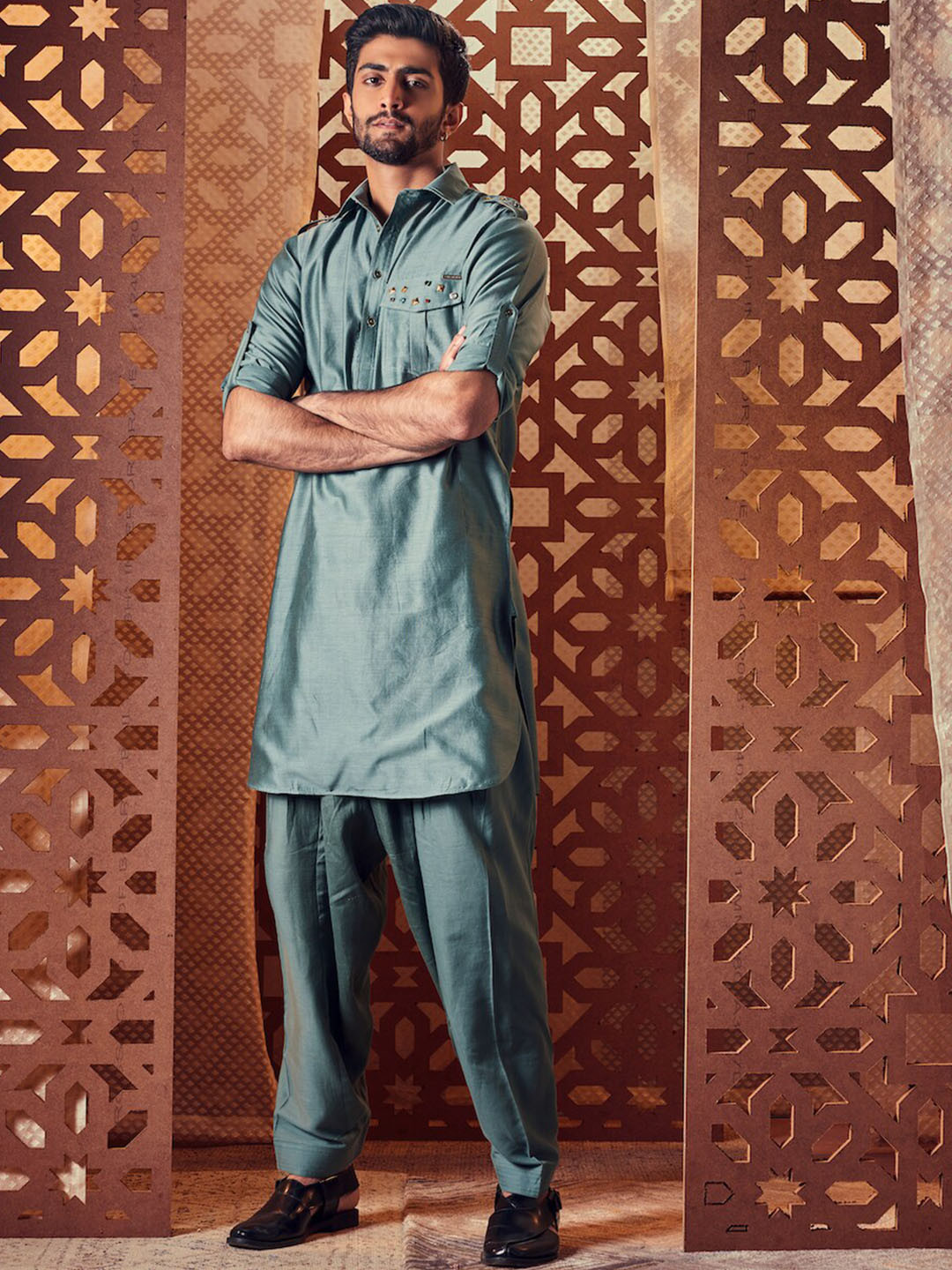 

charkhee Beads and Stones Chanderi Cotton Kurta with Salwar, Green