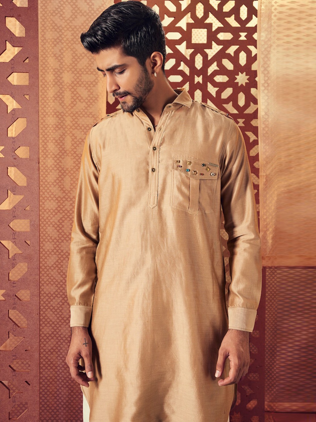 

charkhee Beads and Stones Chanderi Cotton Kurta with Salwar, Beige