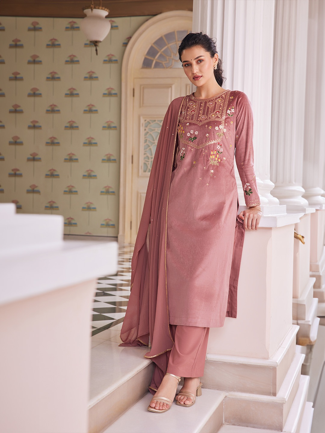 

WISHFUL Floral Embroidered Sequinned Kurta with Palazzos & Dupatta, Pink