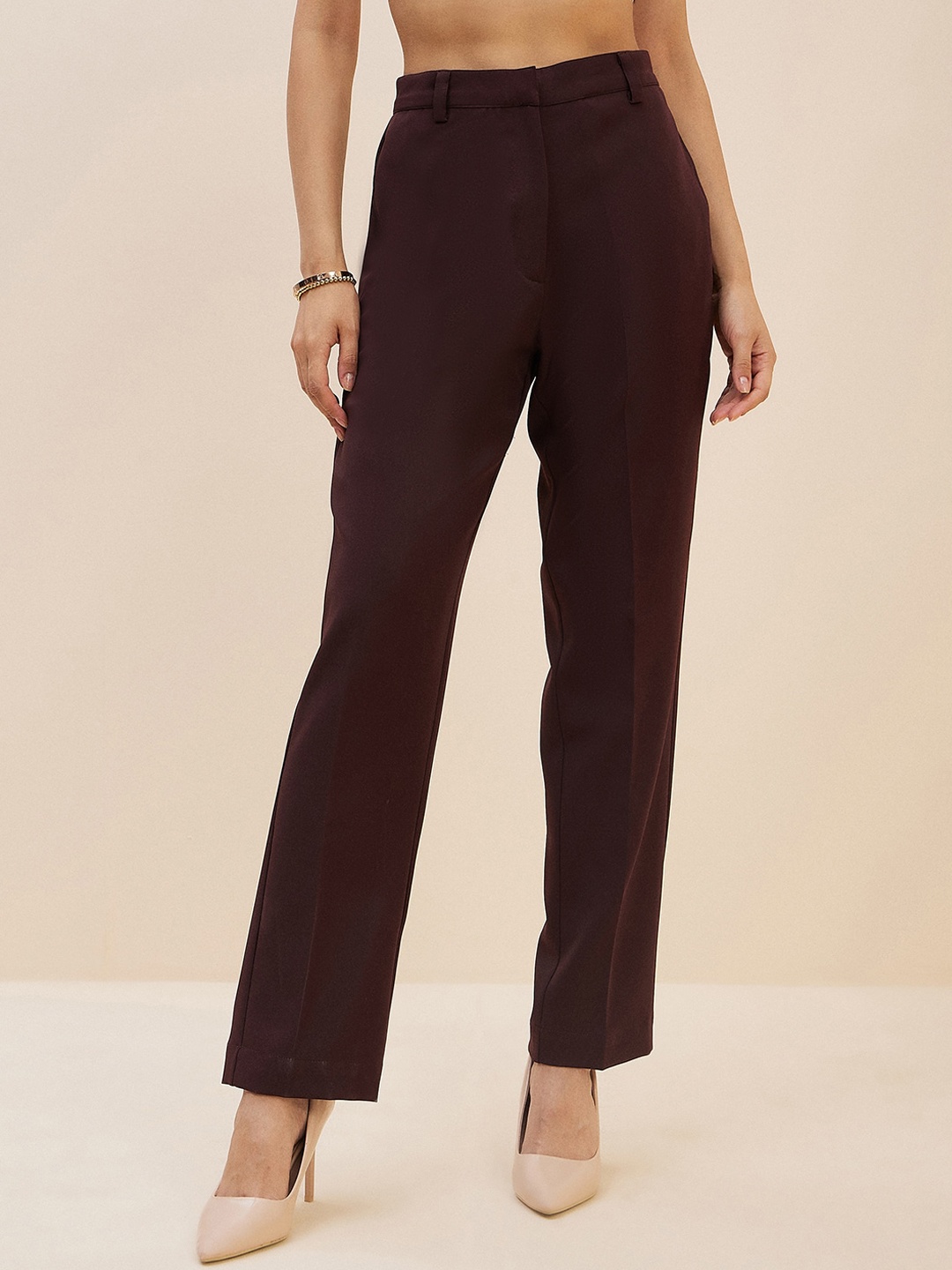 

Antheaa Elit Smart Women Tapered Fit High-Rise Cigarette Trousers, Brown