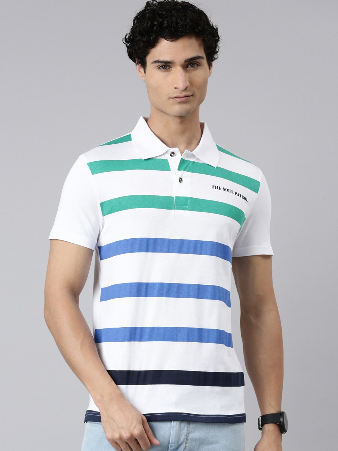 

THE SOUL PATROL Striped Polo Collar Pure Cotton T-shirt, White