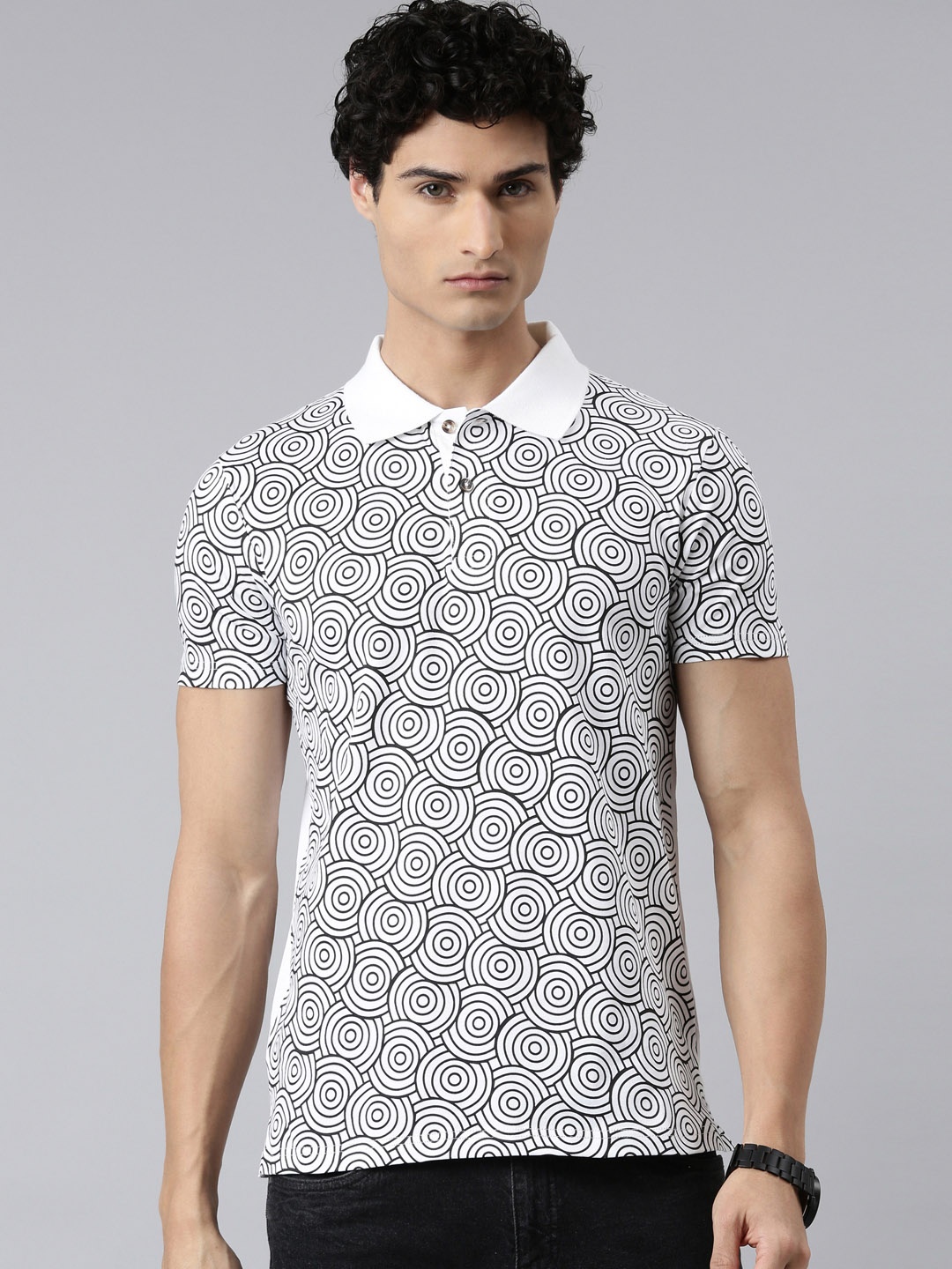 

THE SOUL PATROL Geometric Printed Polo Collar Pure Cotton T-shirt, White