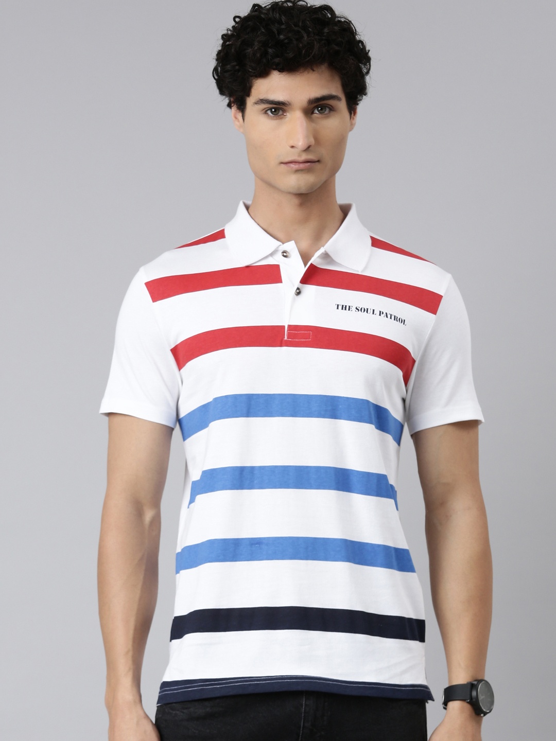 

THE SOUL PATROL Striped Polo Collar Cotton T-shirt, White