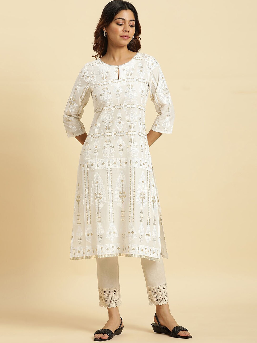 

W Ethnic Motifs Printed Sequinned Pure Cotton Straight Kurta, White