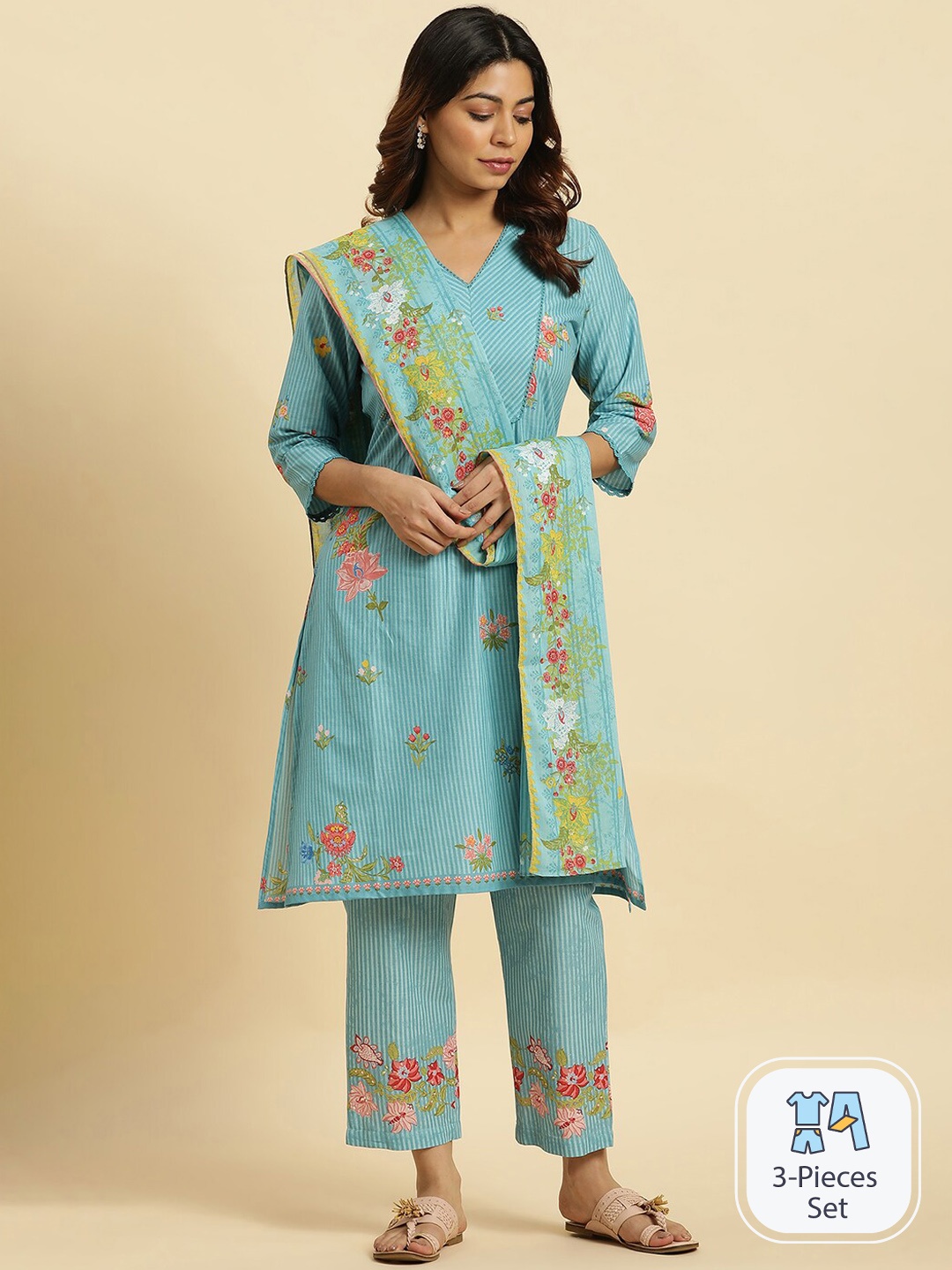 

W Floral Printed V-Neck Pure Cotton A-Line Kurta & Trousers With Dupatta, Blue