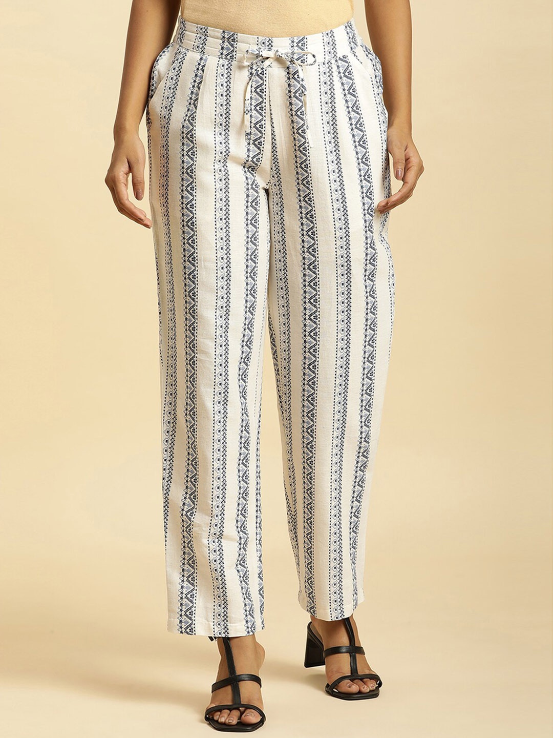 

W Women Straight Fit Mid-Rise Ethnic Motifs Printed Plain Trousers, White
