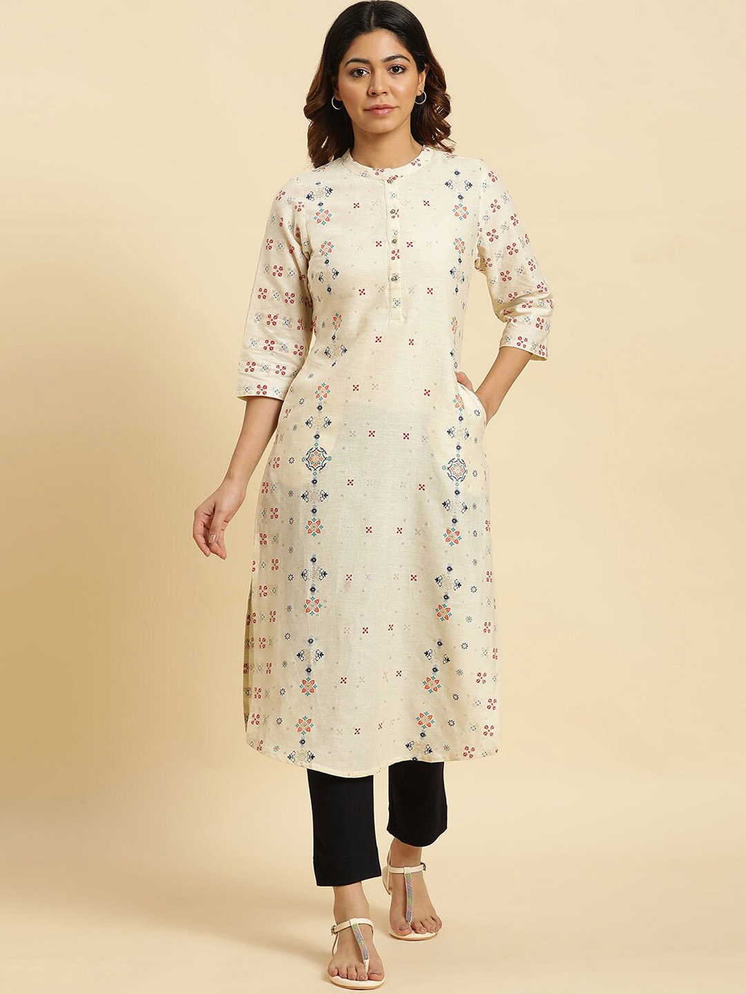 

W Ethnic Motifs Printed Straight Kurta, Cream