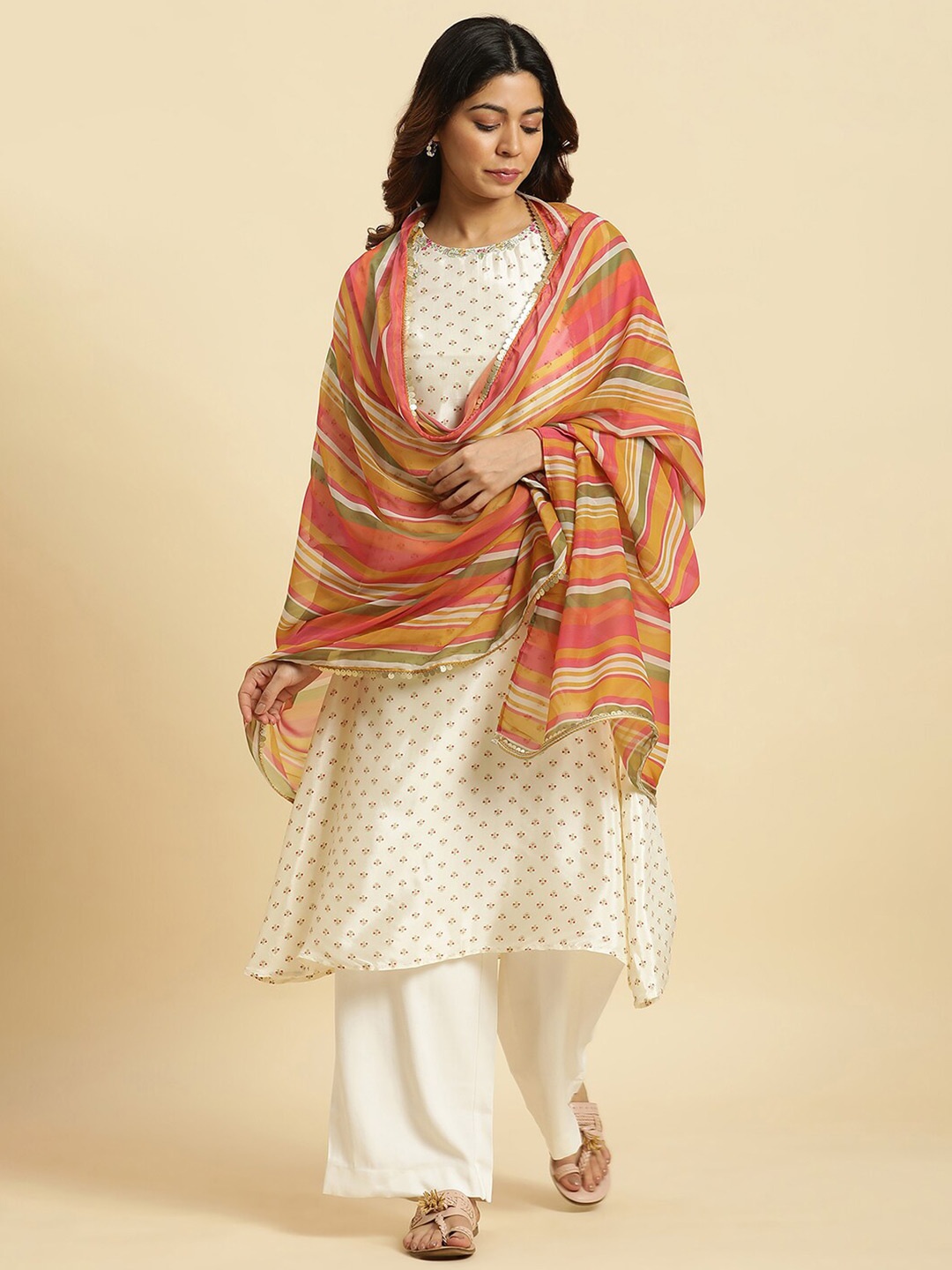 

W Pink & Yellow Striped Sequined Dupatta