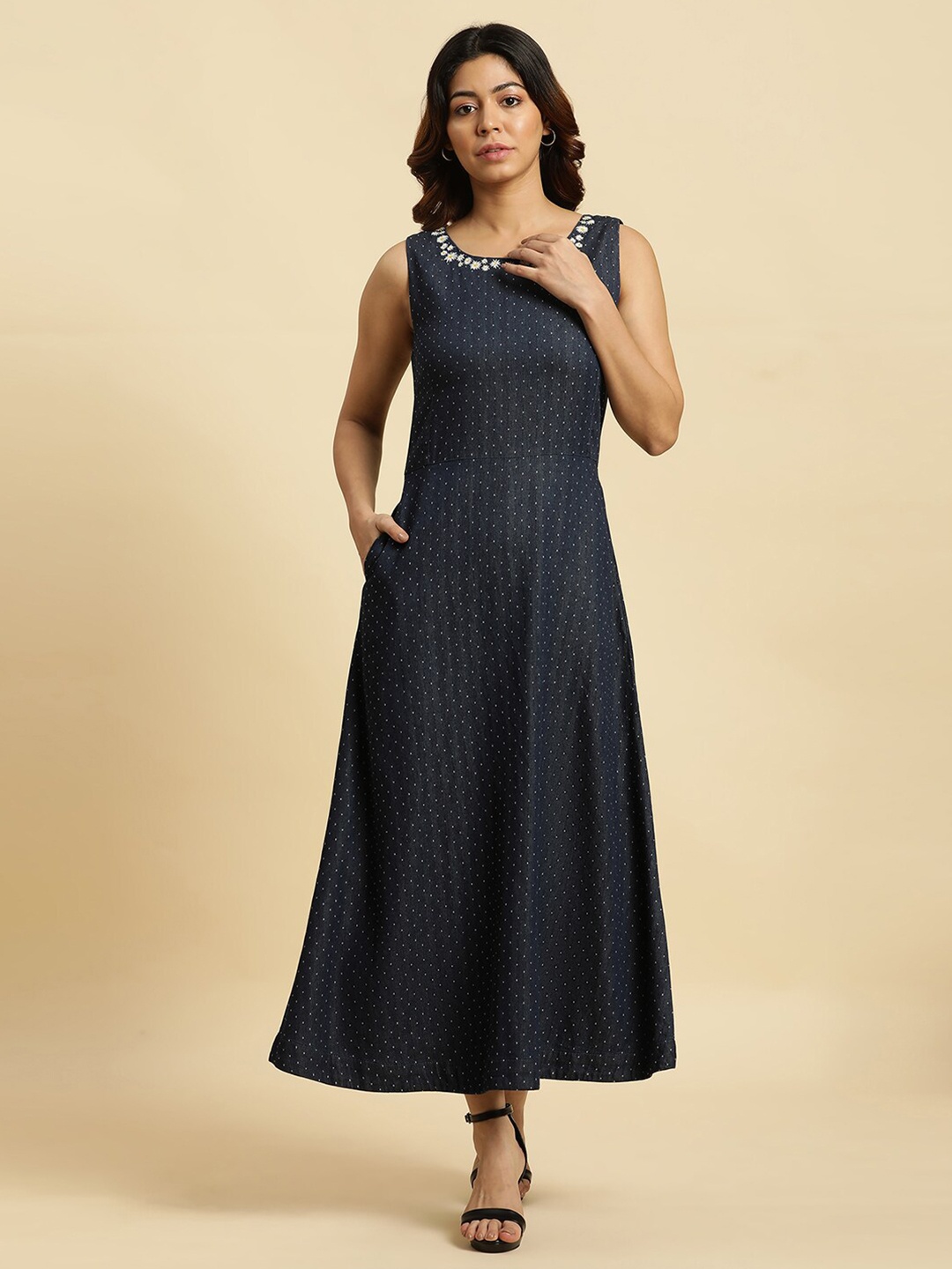 

W Polka Dots Printed Sleeveless Cotton A-Line Dress, Blue