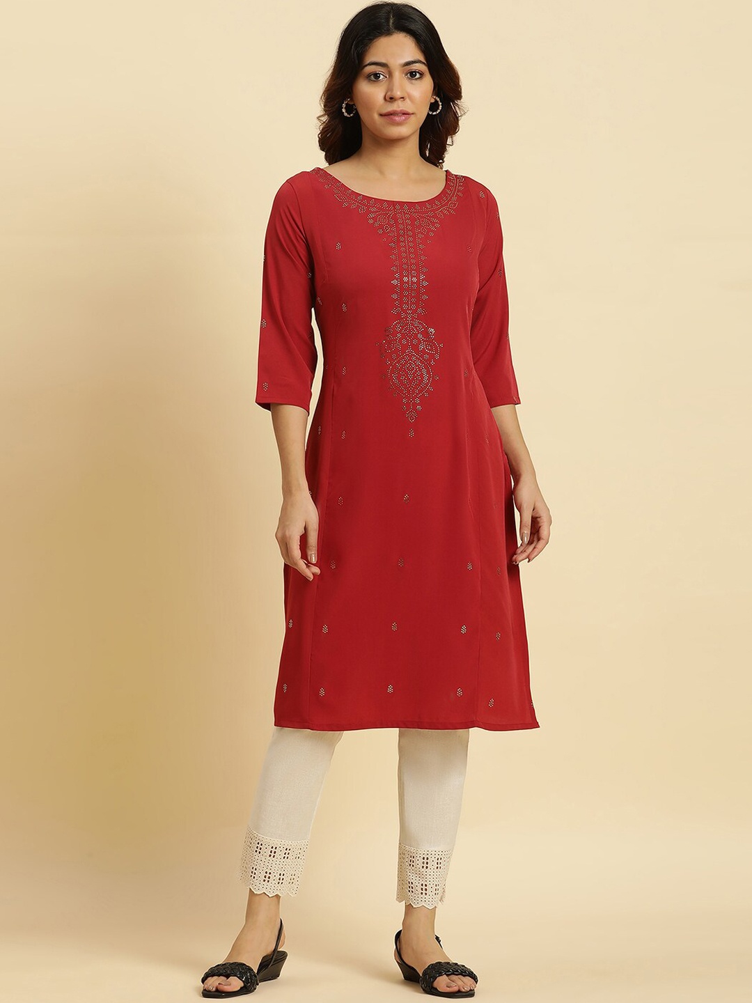 

W Ethnic Motifs Embellished Sequinned Straight Kurta, Red