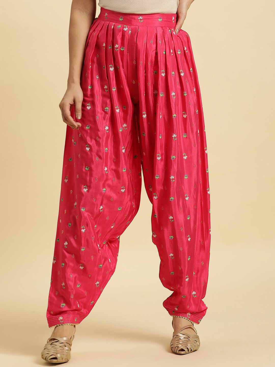 

W Floral Printed Gathered Loose Fit Salwar, Fuchsia