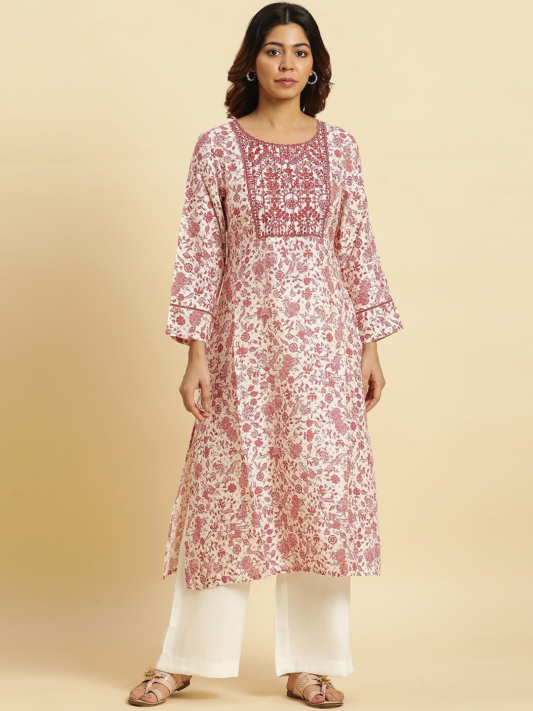 

W Floral Embroidered Round Neck Kurta, Beige