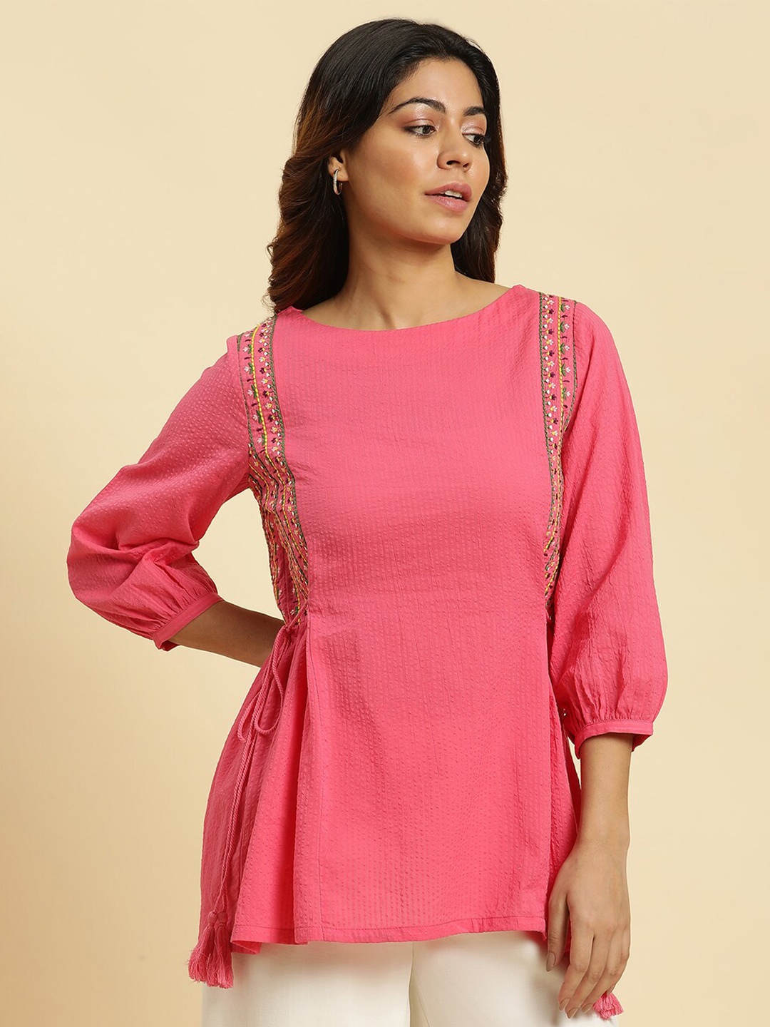 

W Round Neck Embroidered Pure Cotton Top, Pink