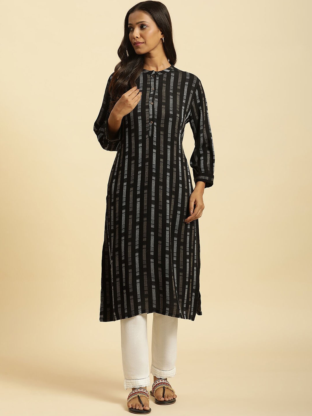 

W Striped Mandarin Collar Kurta, Black