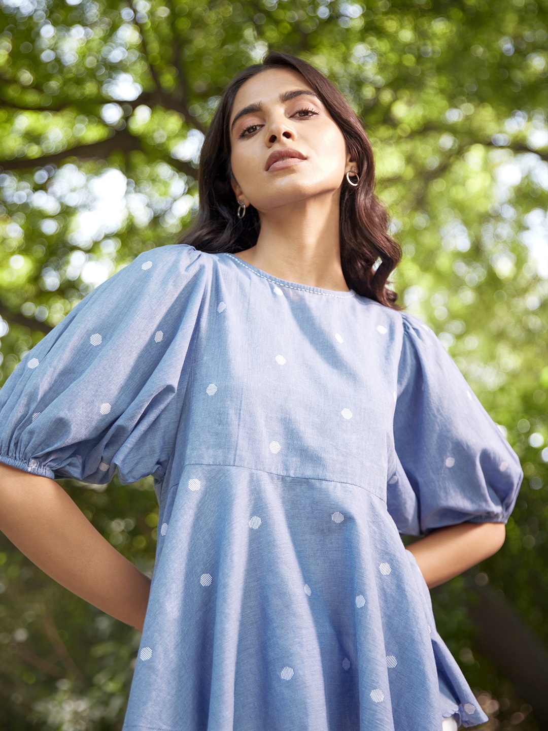 

W Polka Dots Printed Puff Sleeves Pure Cotton Top, Blue