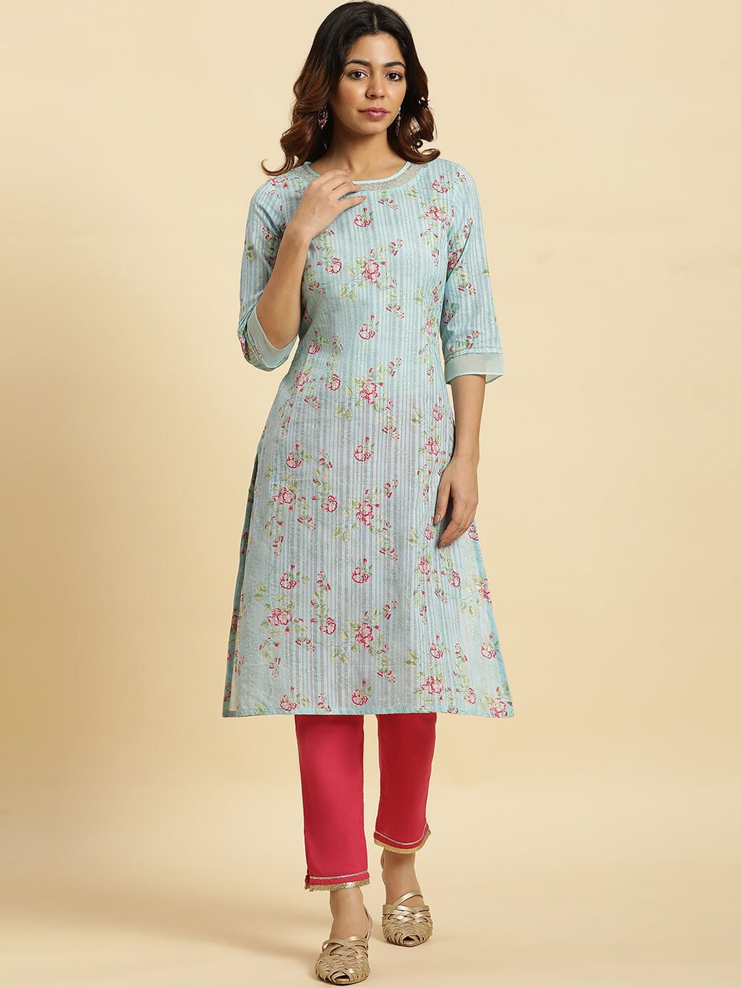 

W Floral Printed A Line Pure Cotton Kurta, Blue