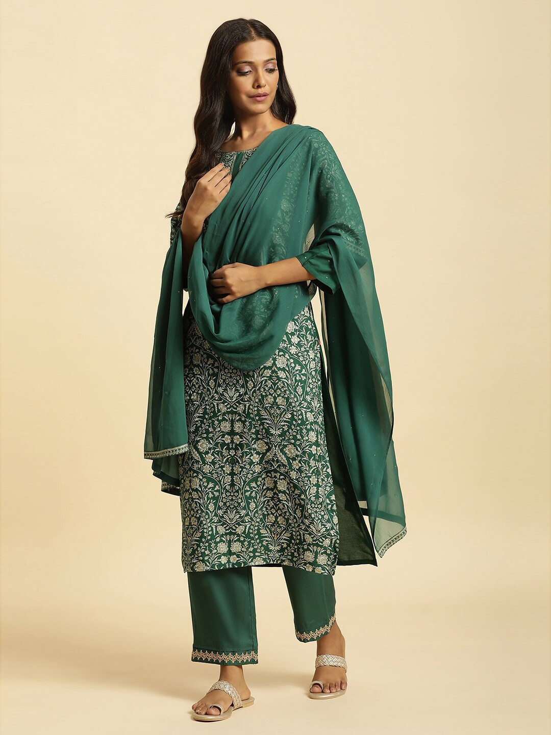 

W Embellished Polyester Dupatta, Green