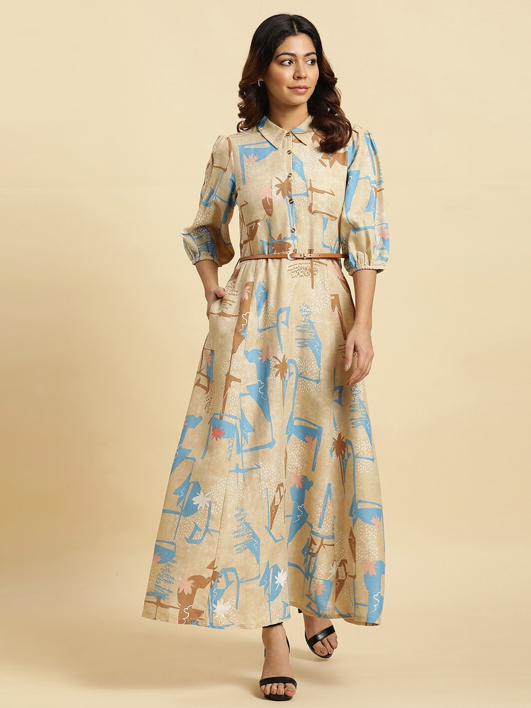 

W Abstract Printed Belted Detailed Shirt Collar Puff Sleeves A-Line Maxi Dress, Beige