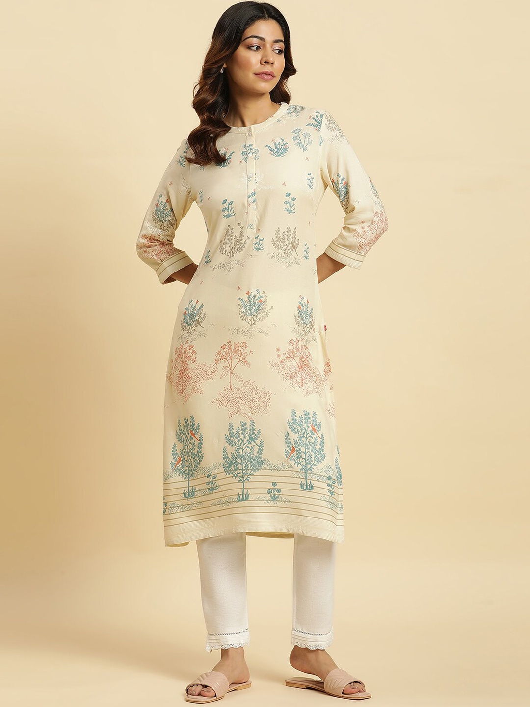 

W Beige Floral Printed Straight Kurta