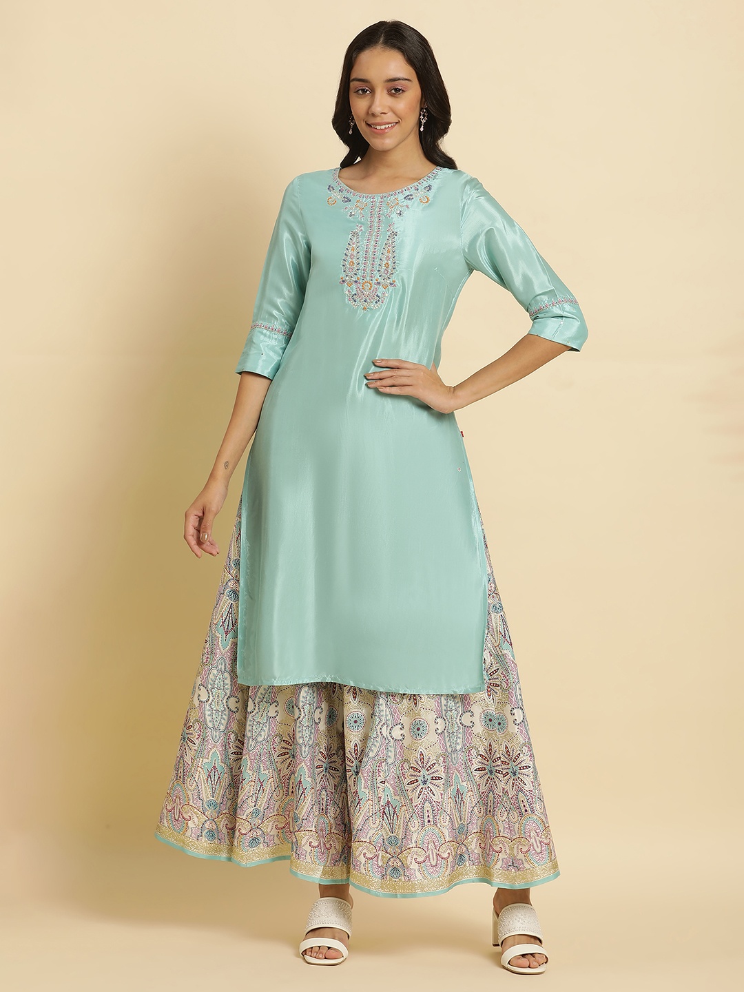 

W Blue Ethnic Motifs Yoke Design Sequinned Kurta