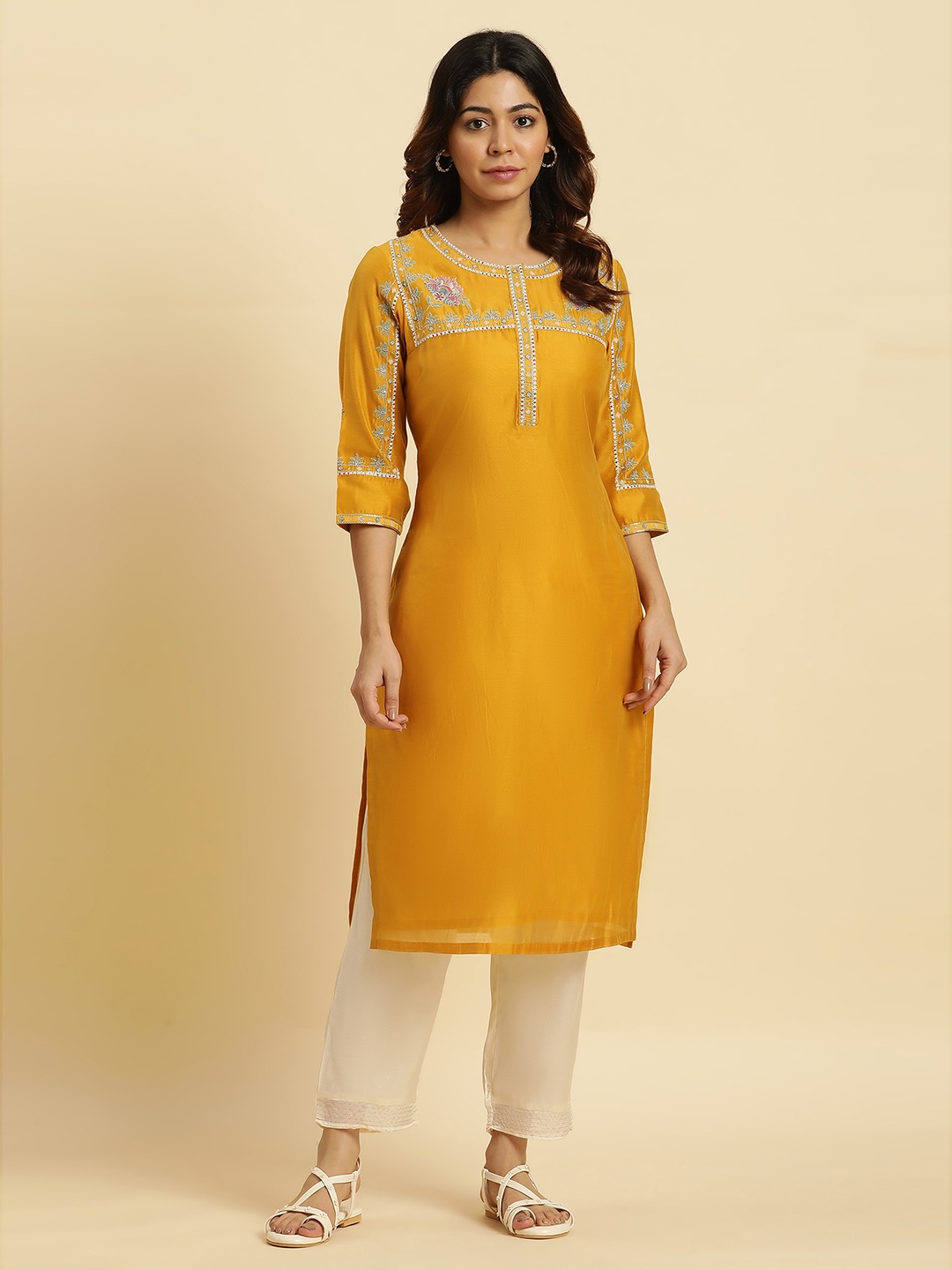 

W Yellow Floral Embroidered Thread Work Kurta