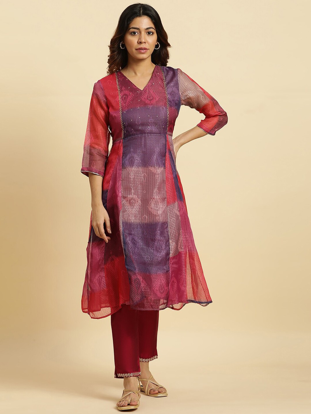 

W Ethnic Motifs Woven Design Beads & Stones Kurta, Purple