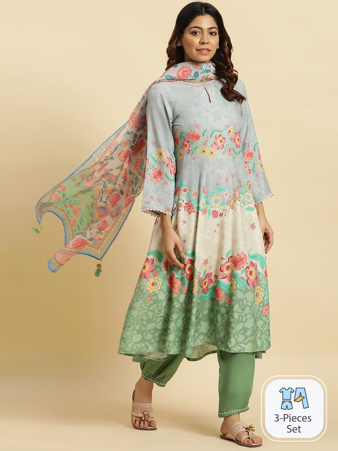 

W Floral Printed Anarkali Kurta, Blue