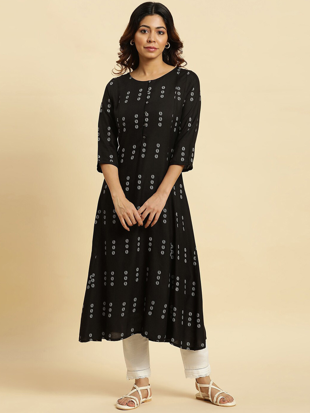 

W Ethnic Motifs Printed Anarkali Kurta, Black