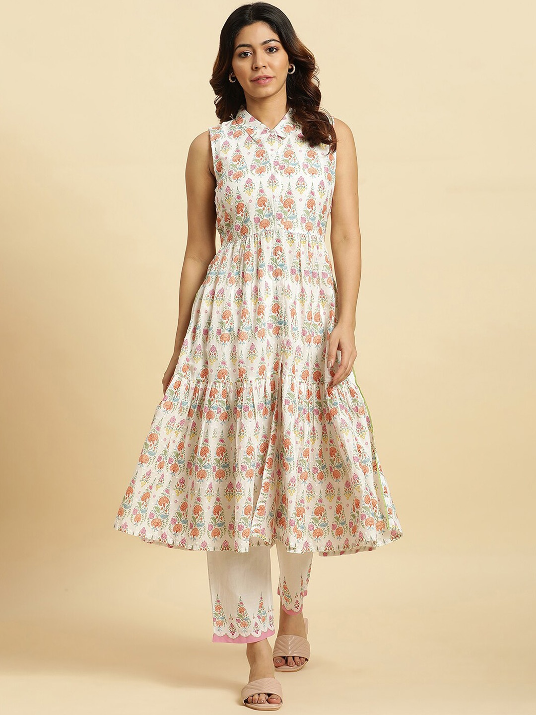 

W Floral Printed Shirt Collar Pure Cotton Anarkali Kurta with Trousers, White