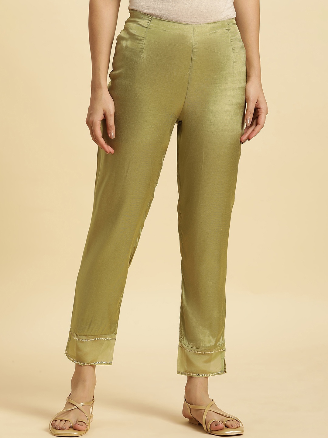 

W Women Mid-Rise Straight Fit Cigarette Trousers, Green