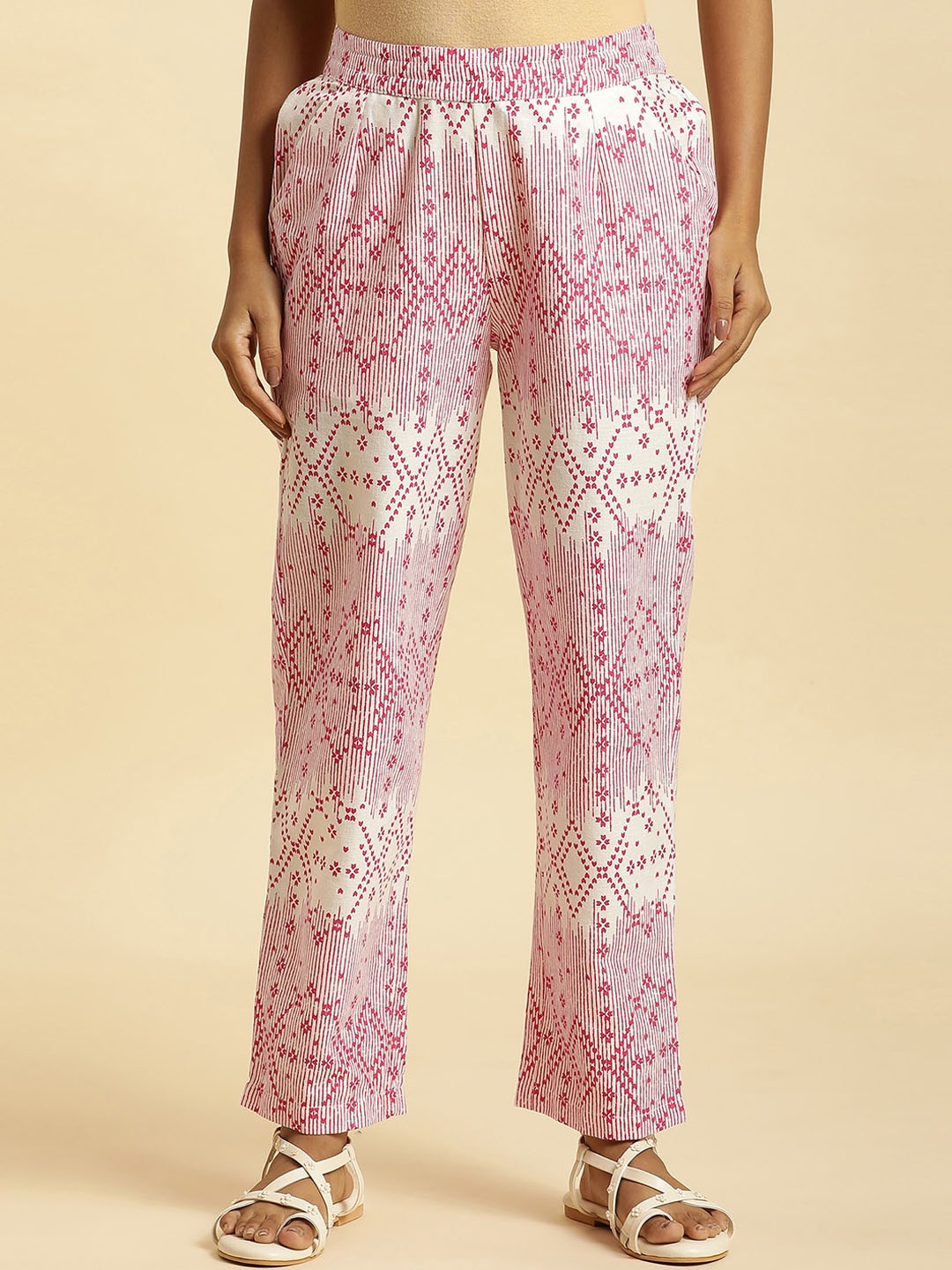 

W Women Ethnic Motifs Printed Straight Fit Trousers, White