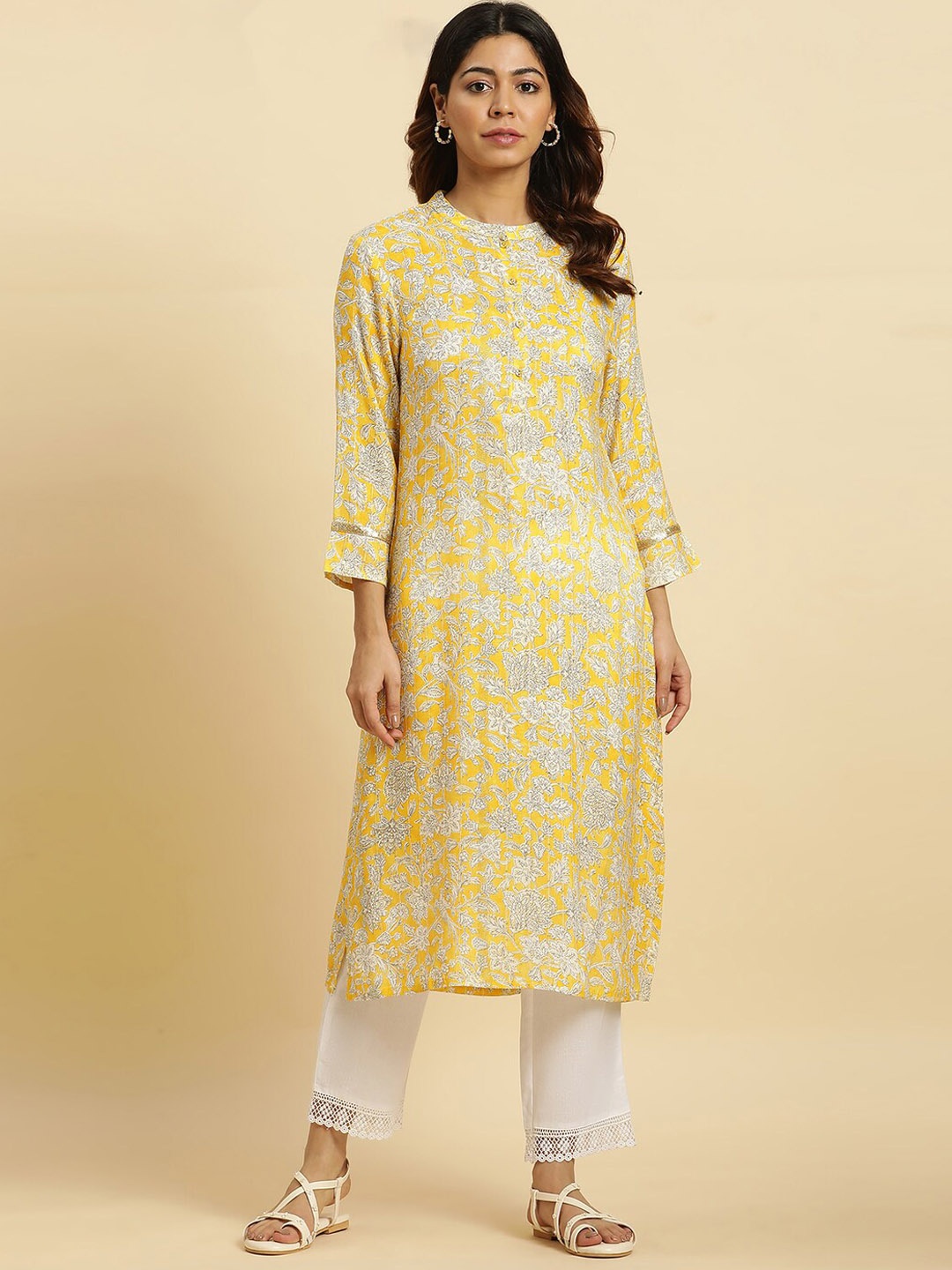 

W Floral Printed Band Collar Sequinned Detailed Straight Kurta, Yellow