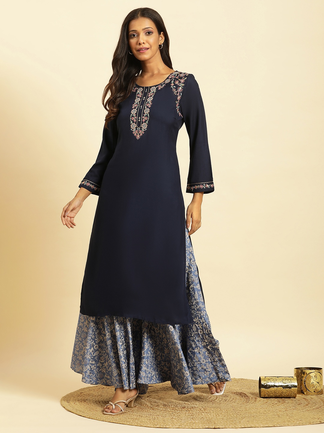 

W Floral Yoke Design Thread Work Detailed Straight Kurta, Blue