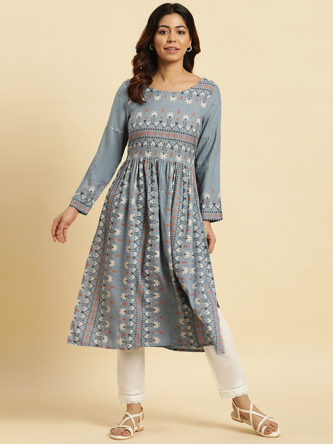 

W Ethnic Motifs Printed Pleated A-Line Kurta, Blue