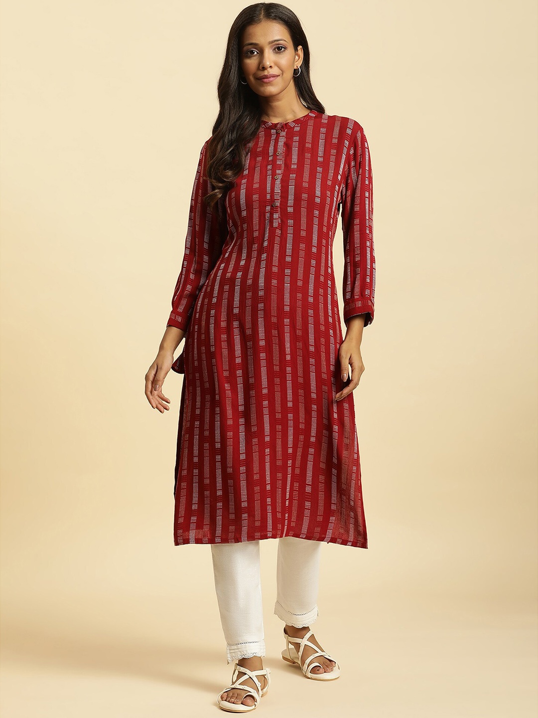 

W Striped Band Collar Thread Work Detailed Straight Kurta, Red