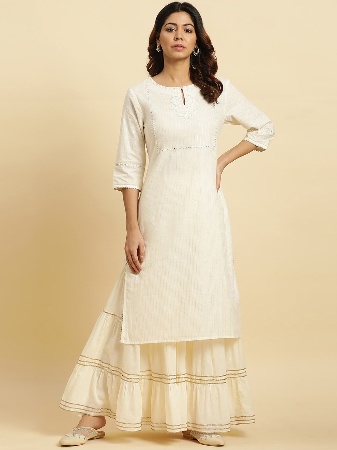 

W Striped Mirror Work Detailed Straight Kurta, Off white