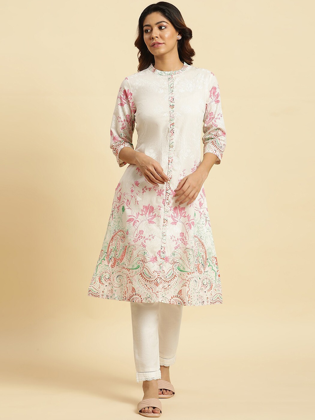 

W Floral Printed Band Collar Pure Cotton A-Line Kurta, White