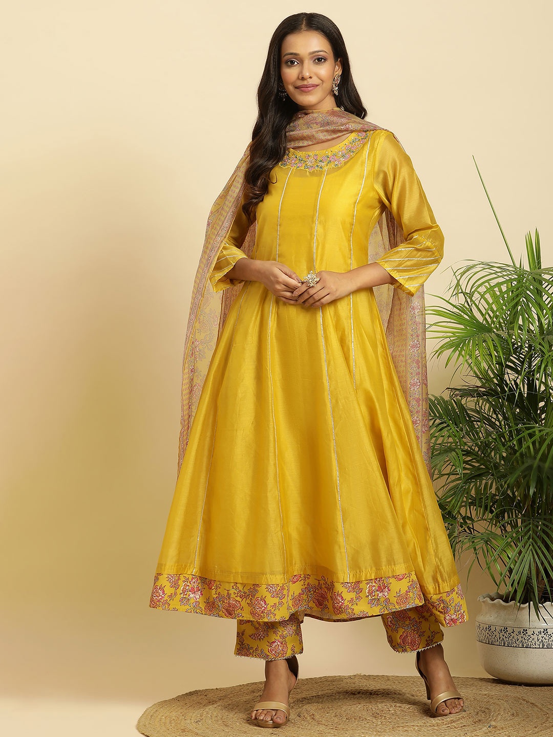 

W Floral Embroidered Anarkali Kurta With Trousers & Dupatta, Yellow
