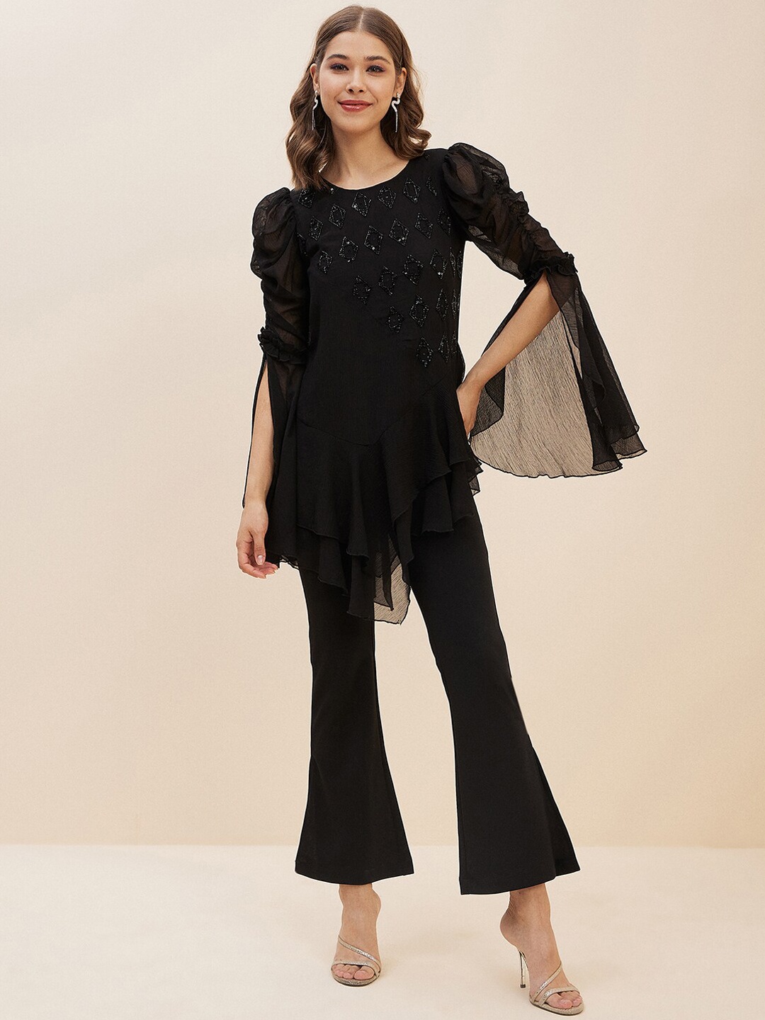 

Antheaa Black Embellished Top With Trousers