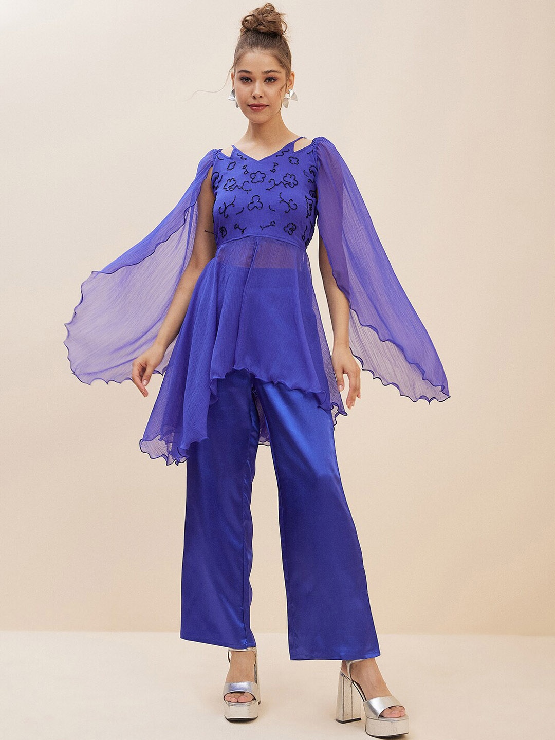 

Antheaa Embellished Cape Sleeve Top With Straight Trousers, Blue