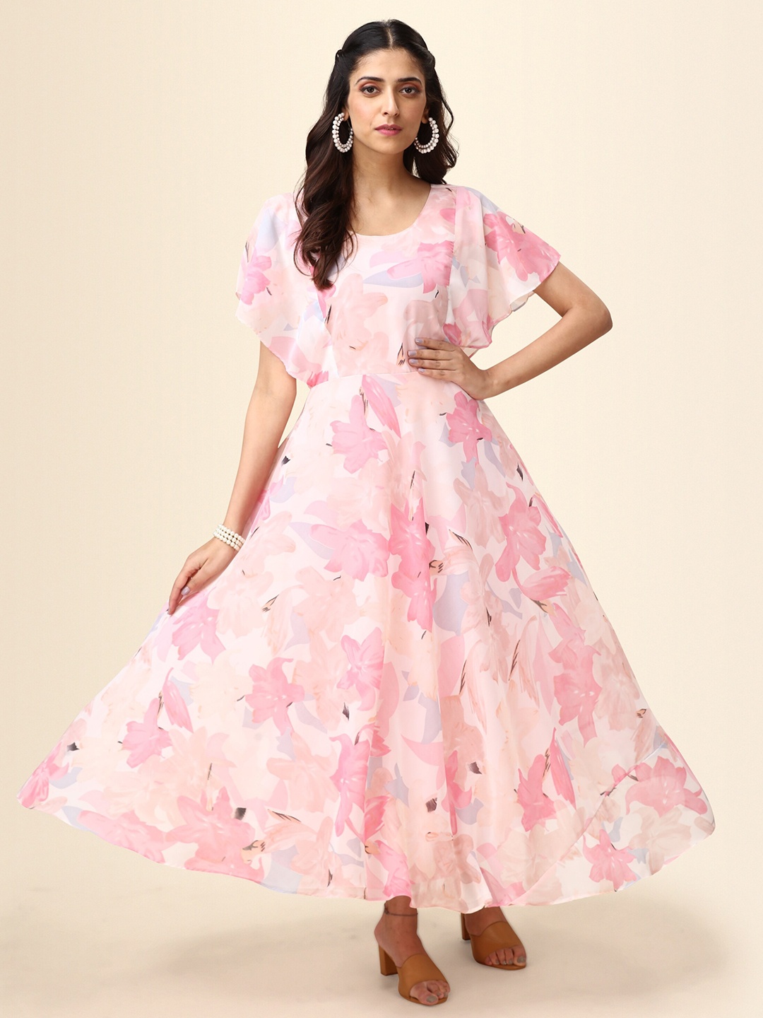 

Vaidehi Fashion Floral Print Flared Sleeve Georgette Maxi Dress, Peach
