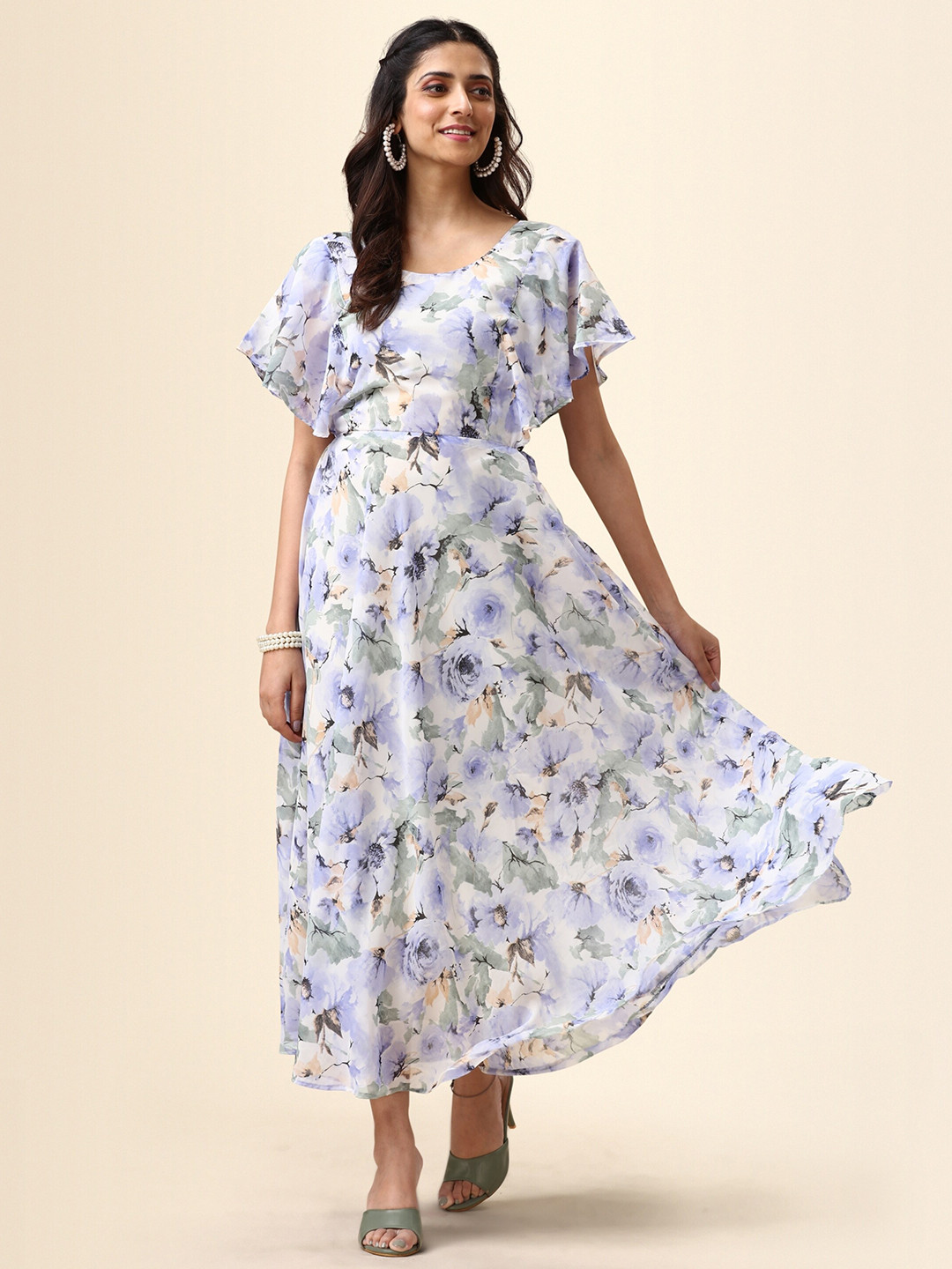 

Vaidehi Fashion Floral Print Flared Sleeve Georgette Maxi Dress, Grey