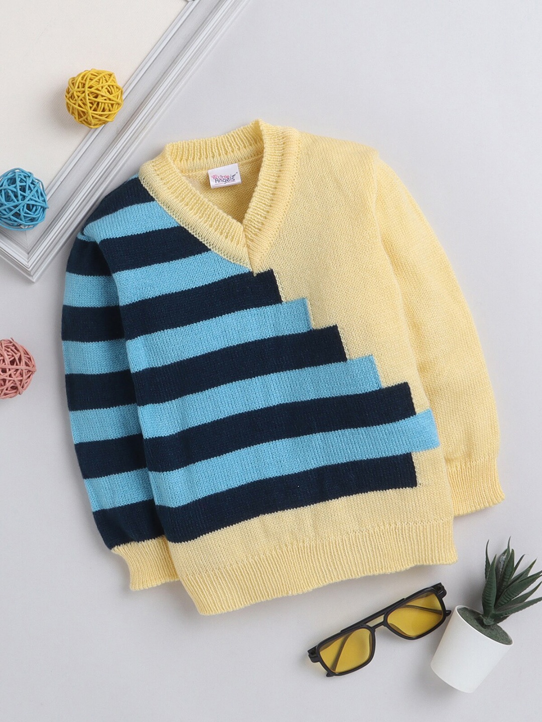 

Little Angels Unisex Kids Geometric Self Design Pullover, Yellow