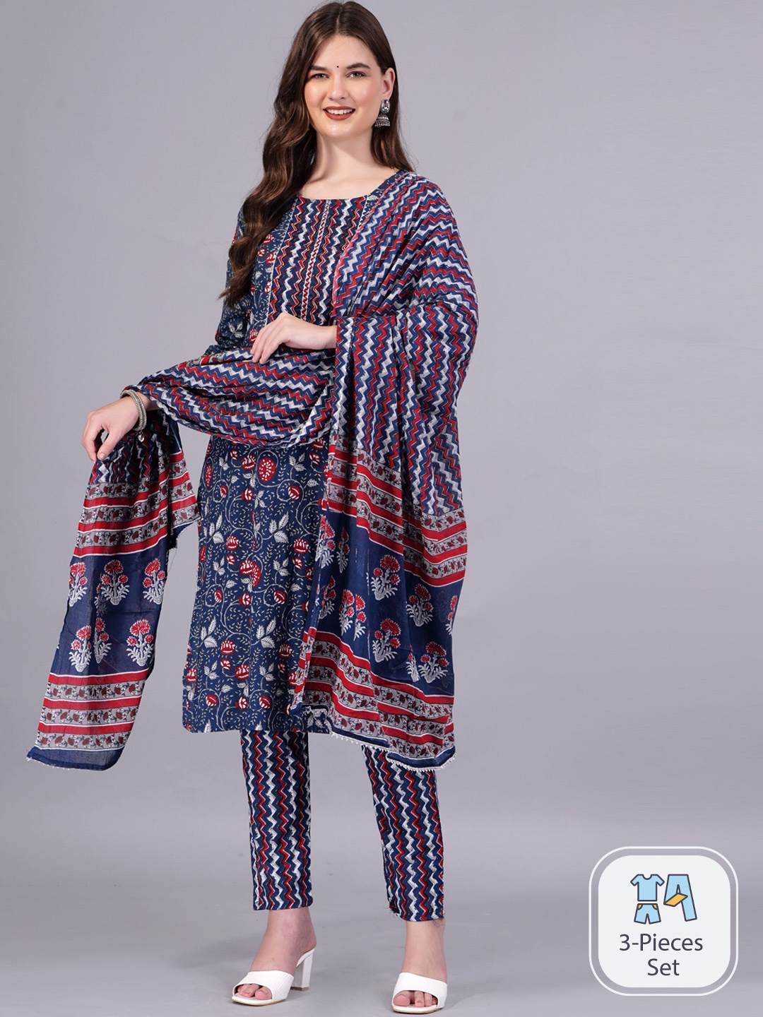 

KALINI Floral Printed Gotta Patti Pure Cotton Kurta with Trousers & Dupatta, Blue
