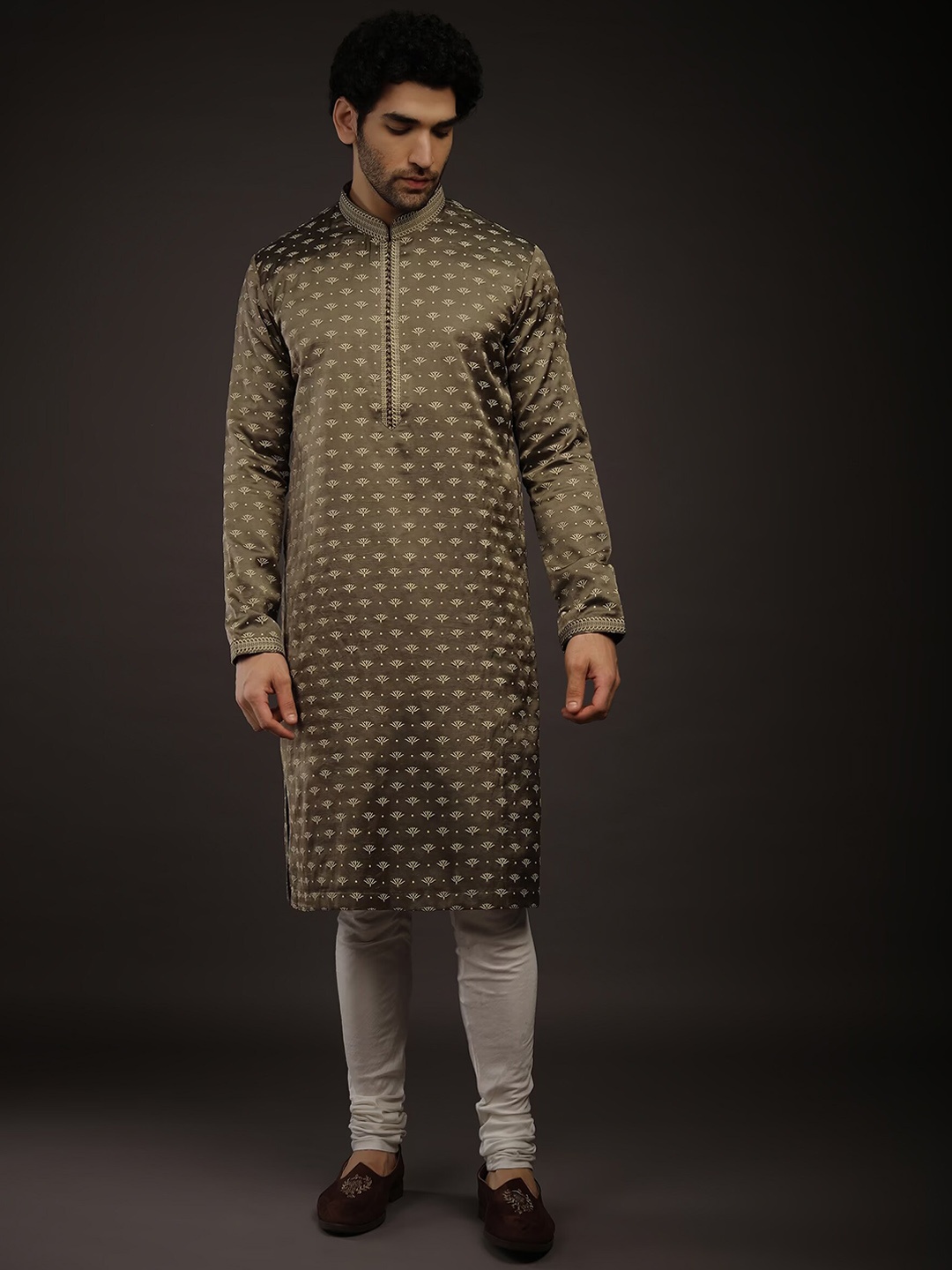 

KALKI Fashion Ethnic Motifs Printed Mandarin Collar Straight Kurta with Churidar, Grey